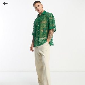 ASOS design boxy oversized shirt with embroidered Aztec print in green